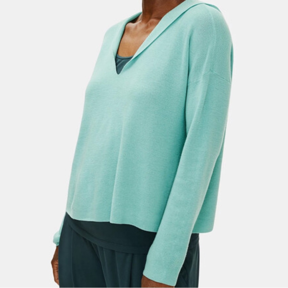 Eileen Fisher Teal V-Neck Hooded Merino Wool Sweater